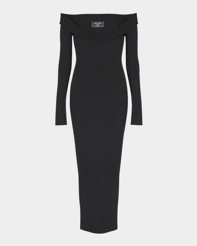 Double Collar Knit Off-The-Shoulder Zipped Midi Dress